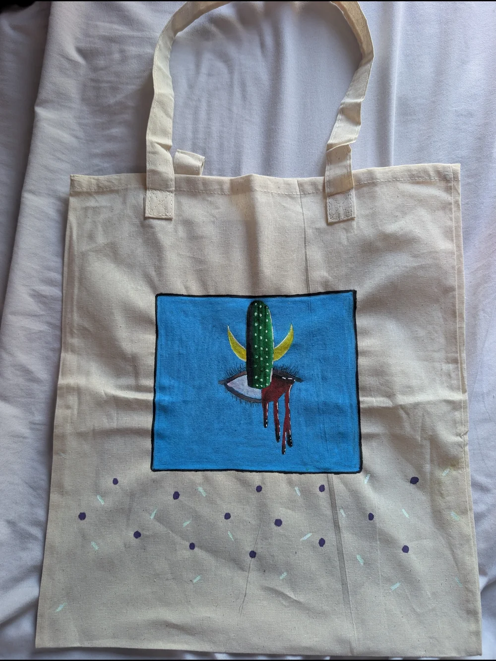 Hand-Painted Canvas Tote with Blue Panel & Cactus Eye Art